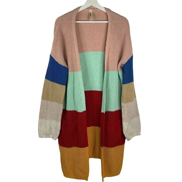 Lara Fashion Size L / XL Cardigan Sweater Long Rainbow Striped Open Front Knit - Picture 1 of 9